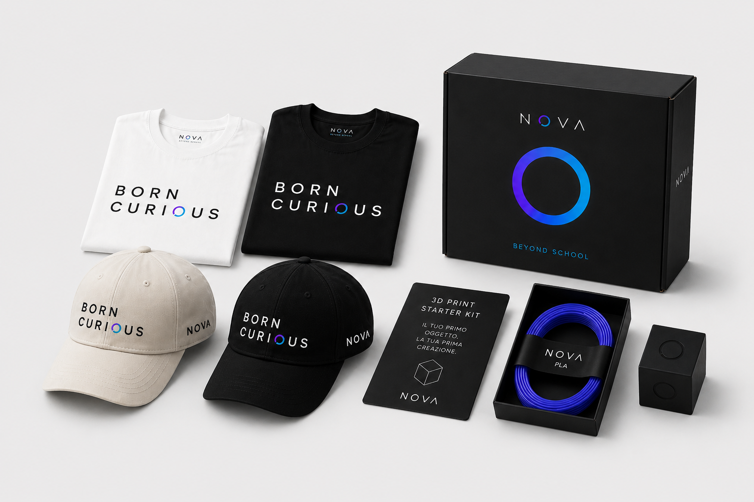 Orbit 01 — Starter Pack Nova: t-shirt e cap Born Curious, scatola Nova, 3D Print Starter Kit con bobina Nova PLA